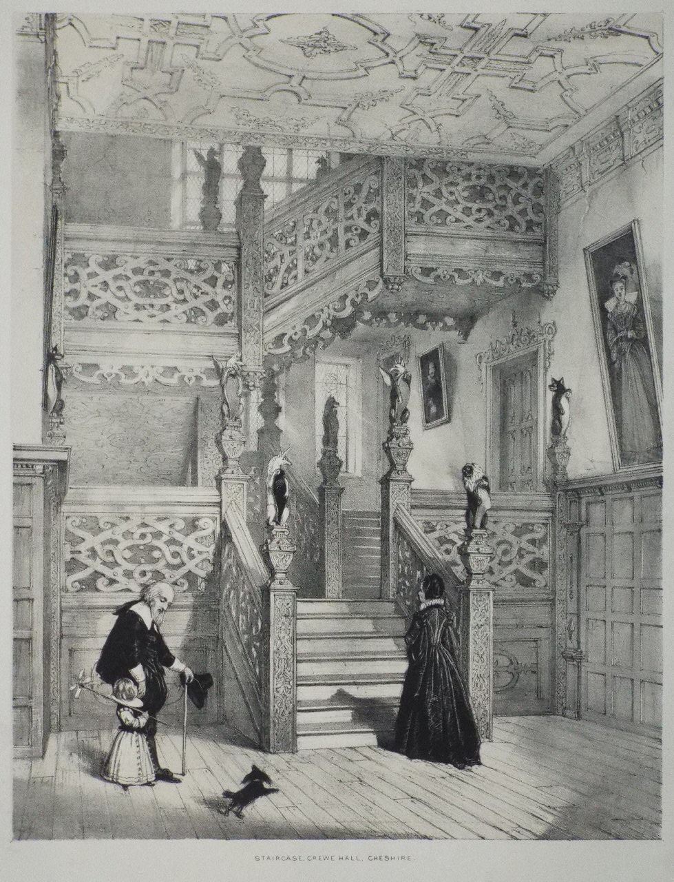 Lithograph - Staircase, Crewe Hall, Cheshire - Nash